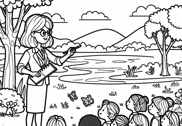 Lehrerin in der Naturstunde mit Schülern im Freien – Malvorlage einfach gratis Lehrerin in der Naturstunde mit Schülern im Freien – Malvorlage einfach gratis