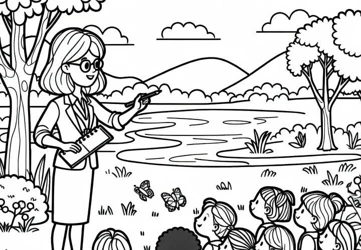 Lehrerin in der Naturstunde mit Schülern im Freien – Malvorlage einfach gratis