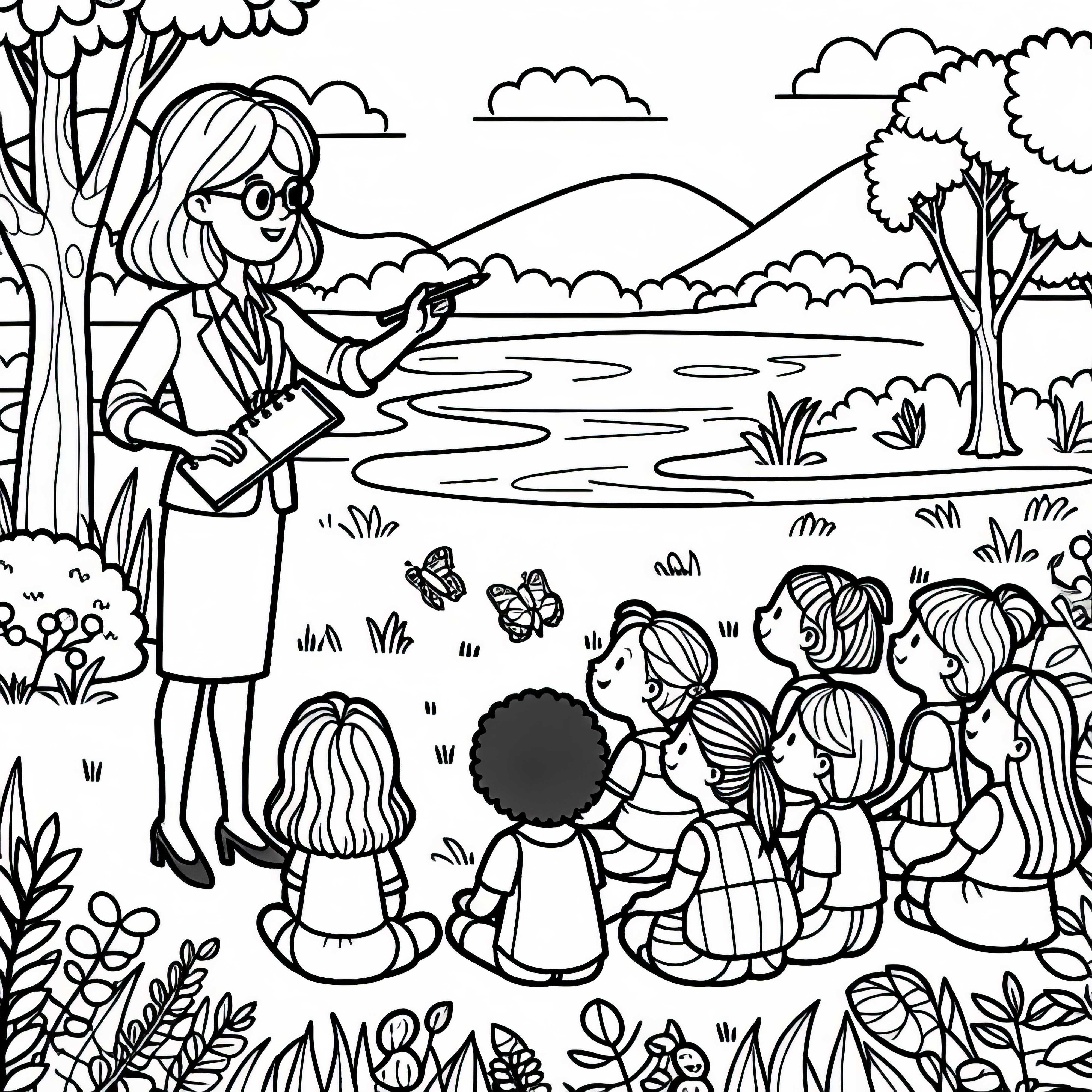 Lehrerin in der Naturstunde mit Schülern im Freien – Malvorlage einfach gratis