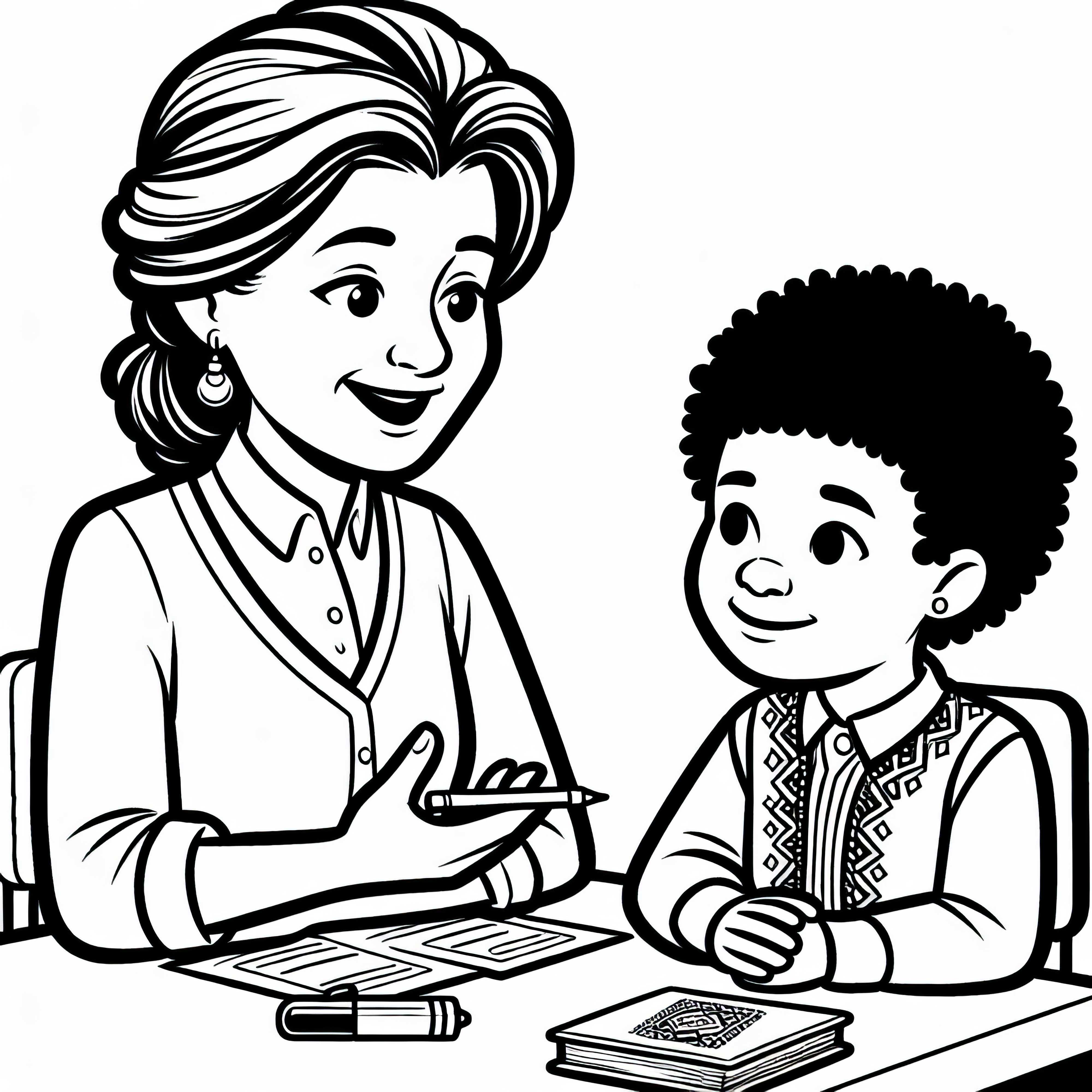 Lehrerin im Gespräch mit Schüler – Ausmalbild einfach kostenlos