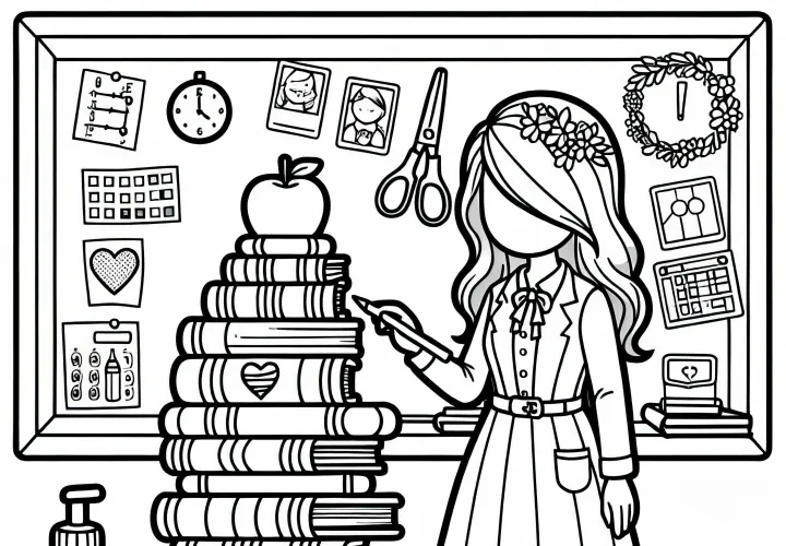 Bücherstapel einer Lehrerin als Ausmalbild – Einfach und Kostenlos