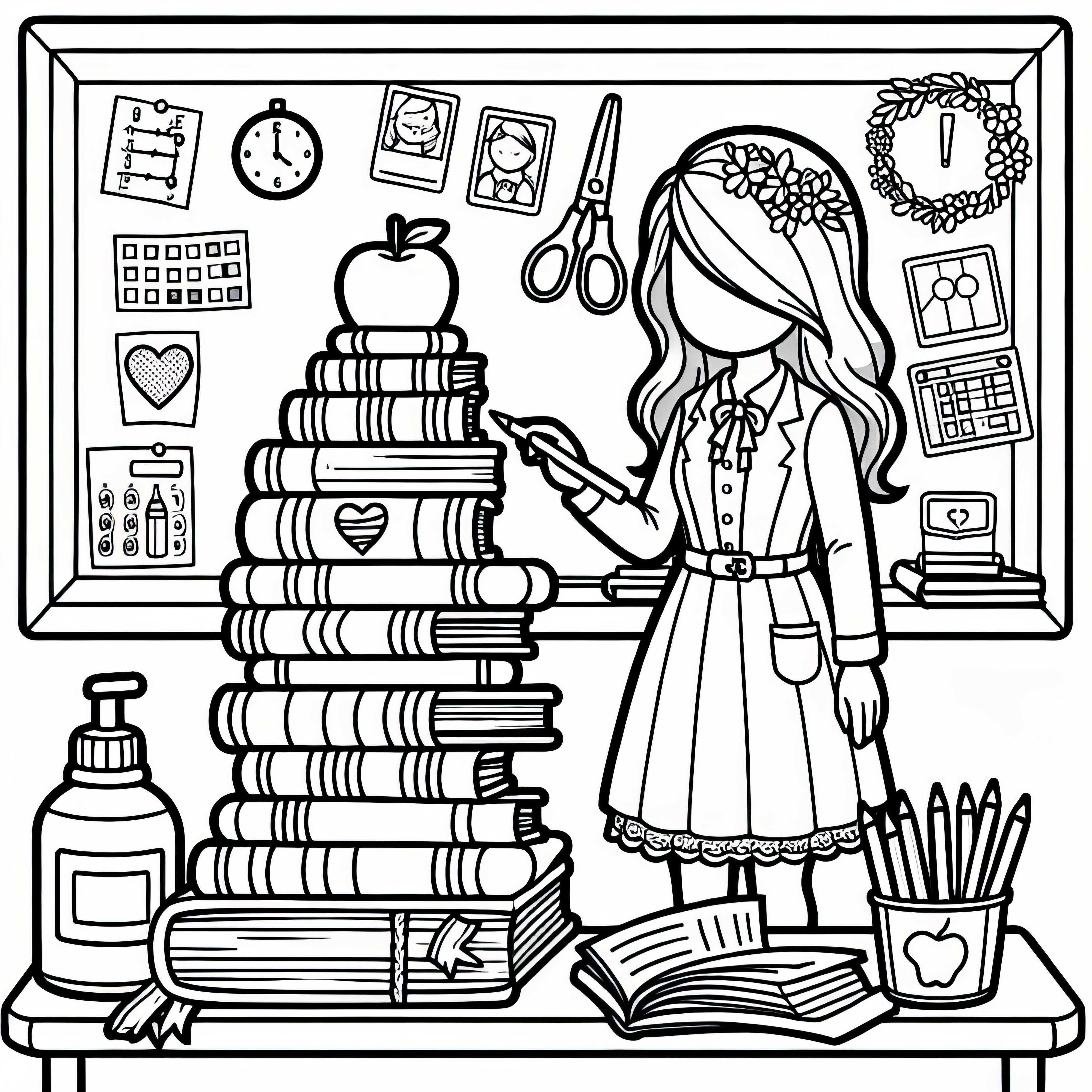 Bücherstapel einer Lehrerin als Ausmalbild – Einfach und Kostenlos