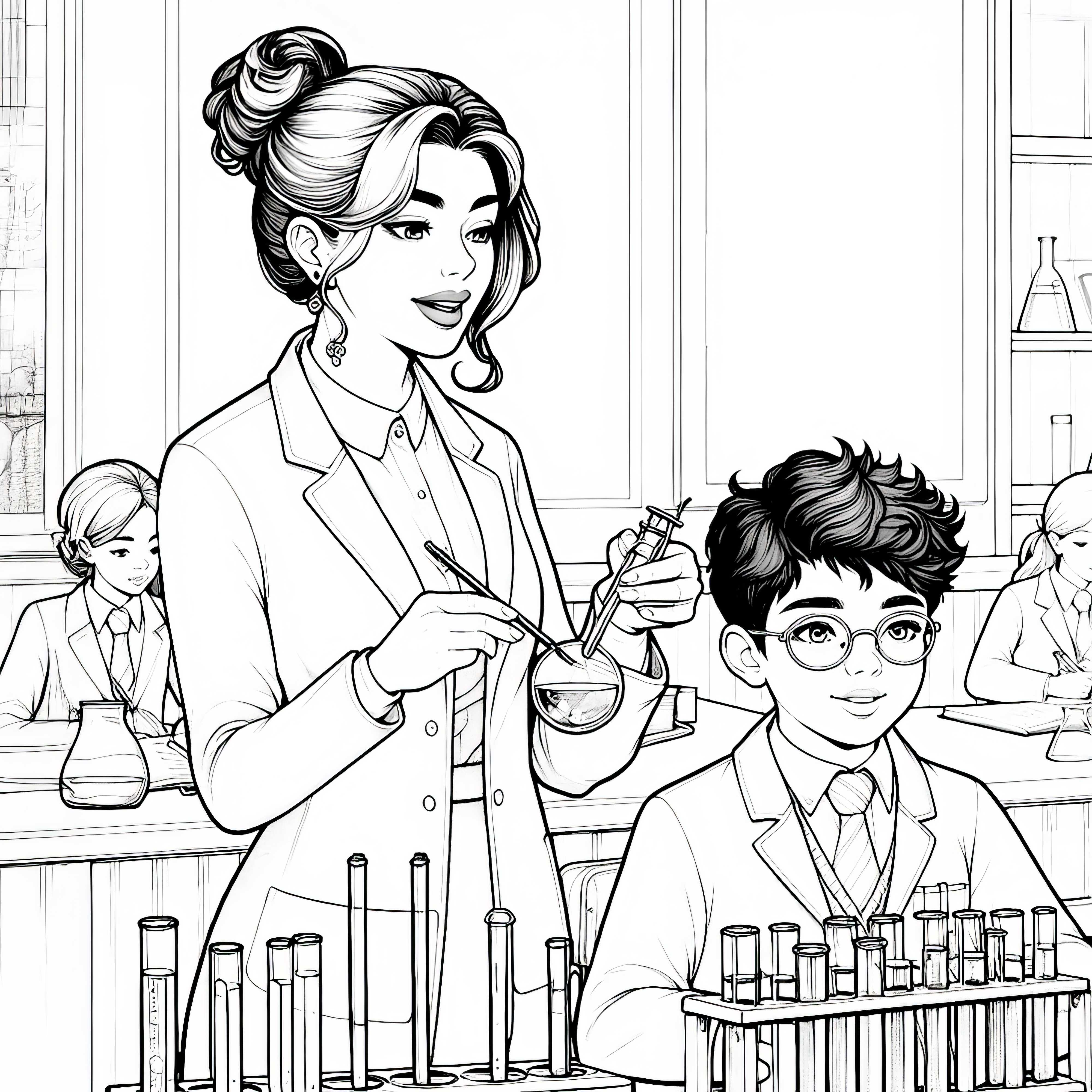 Lehrerin bei Experiment im Chemieunterricht – Ausmalbild, detailreich und kostenlos