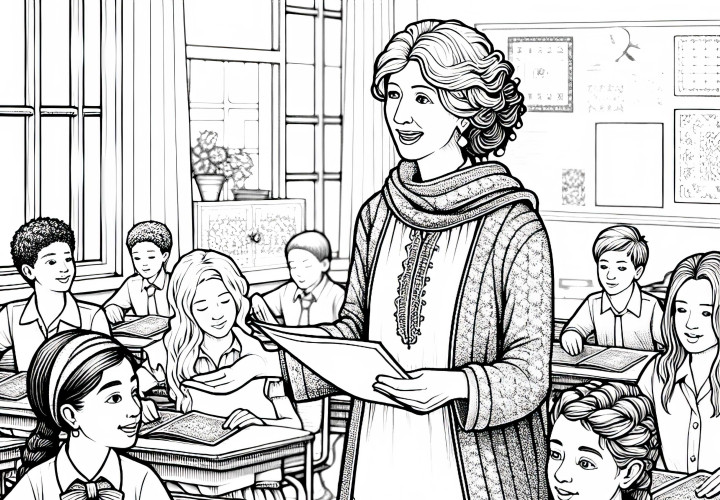 Lehrerin verteilt Arbeitsblätter in der Klasse – Malvorlage detailreich gratis Lehrerin verteilt Arbeitsblätter in der Klasse – Malvorlage detailreich gratis