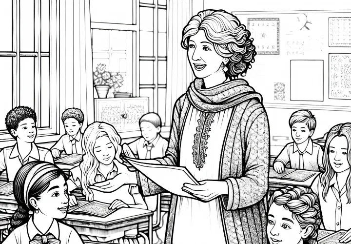 Lehrerin verteilt Arbeitsblätter in der Klasse – Malvorlage detailreich gratis