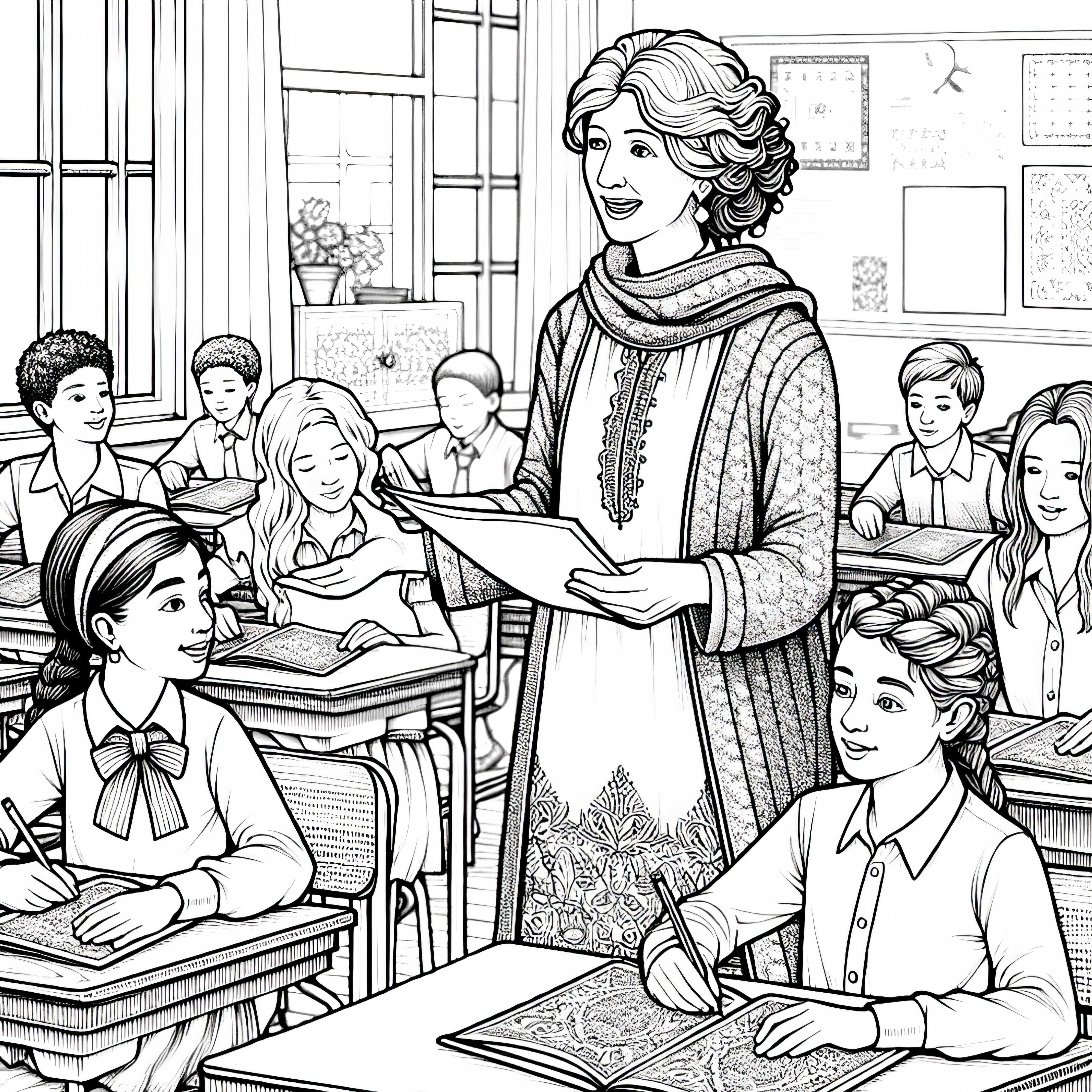 Lehrerin verteilt Arbeitsblätter in der Klasse – Malvorlage detailreich gratis