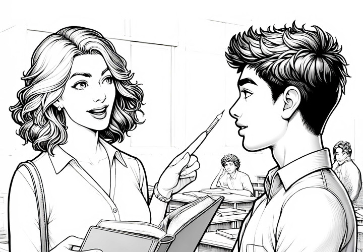 Maestra conversando con estudiante - dibujo para colorear detallado gratis