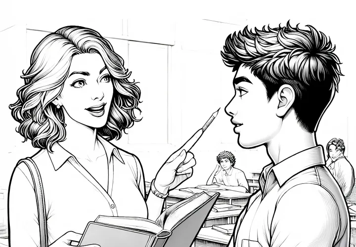 Maestra conversando con estudiante - dibujo para colorear detallado gratis