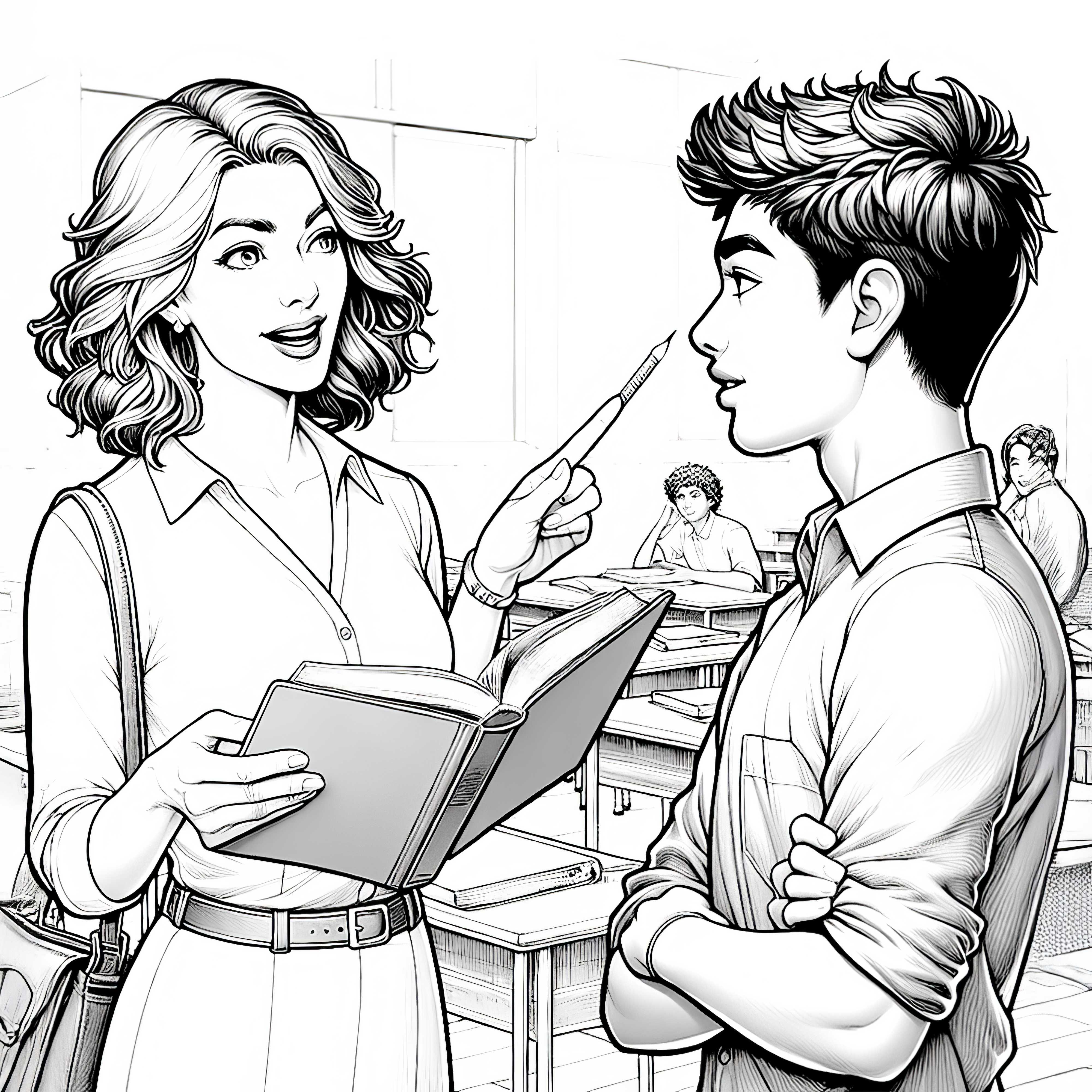 Maestra hablando con alumno - dibujo para colorear detallado gratis
