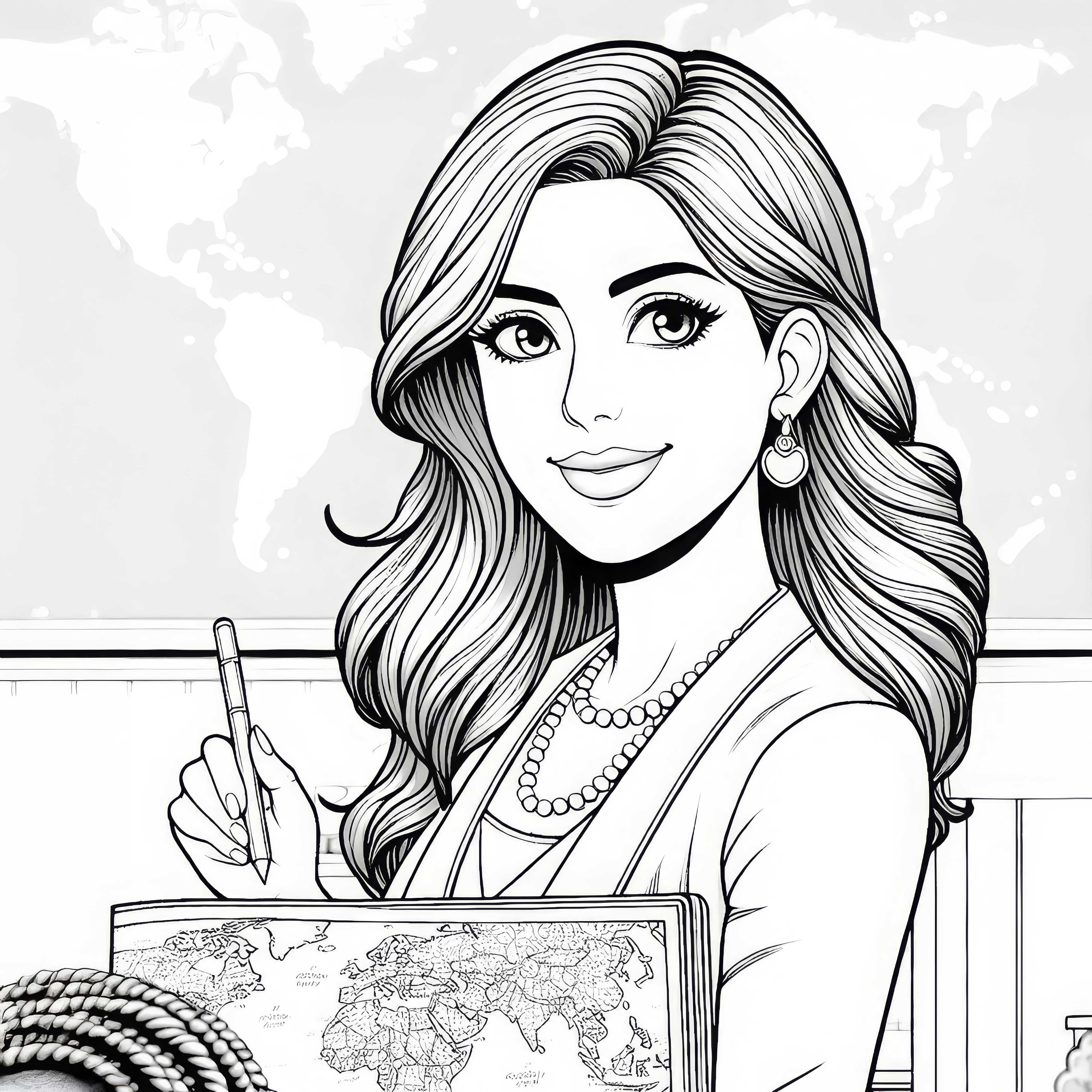 Profesora con mapa en clase de geografía - Plantilla para colorear detallada y gratuita