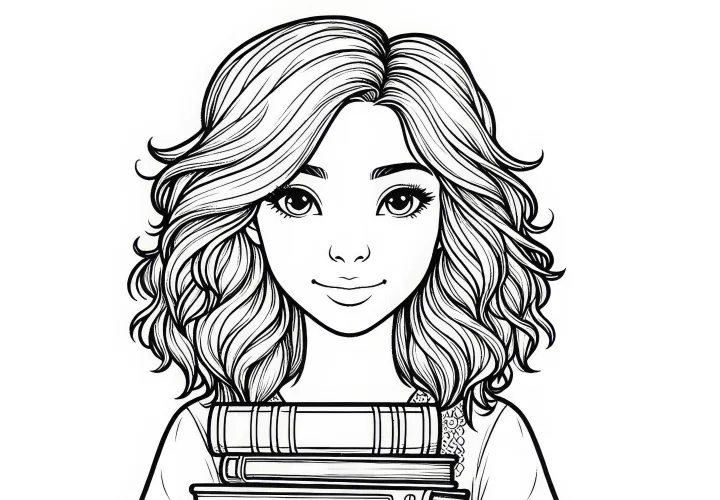 Montón de libros de una profesora como imagen para colorear con muchos detalles gratis