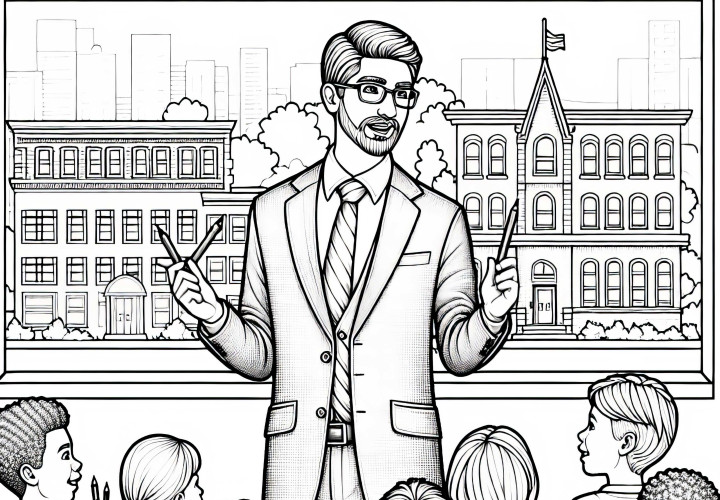 Escuela primaria con maestro para colorear - Detallado y gratuito
