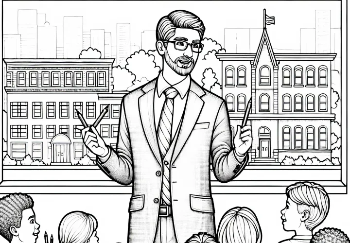 Escuela primaria con maestro para colorear - Detallado y gratuito