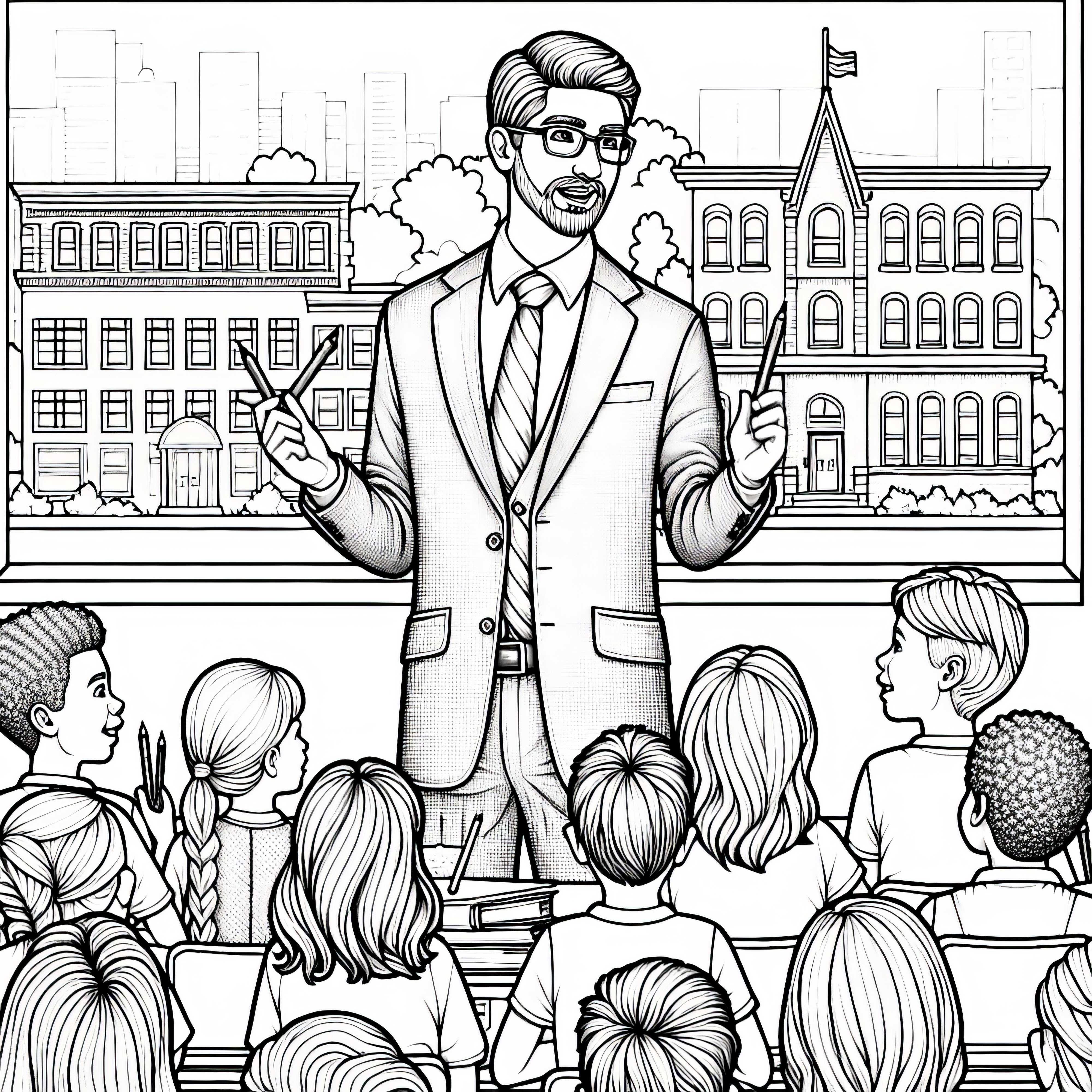 Escuela primaria con maestro dibujo para colorear - Detallado y gratuito
