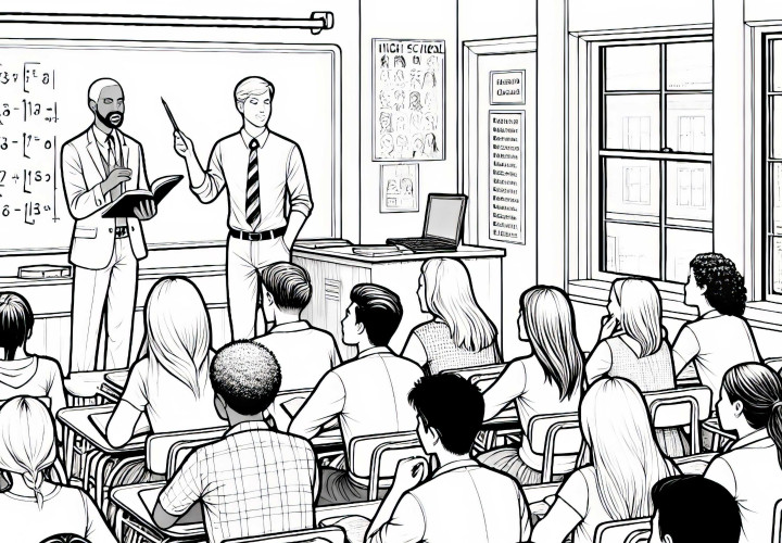 Clase en el gimnasio con maestro - Dibujo para colorear para niños