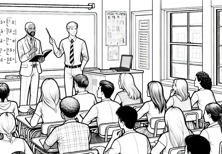 Clase en el gimnasio con maestro - Dibujo para colorear para niños