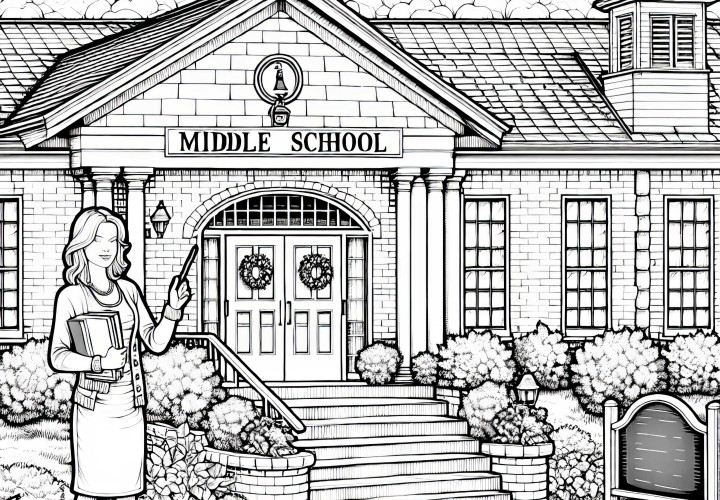 Dibujo para colorear de una escuela secundaria con maestra - Plantilla detallada para descargar