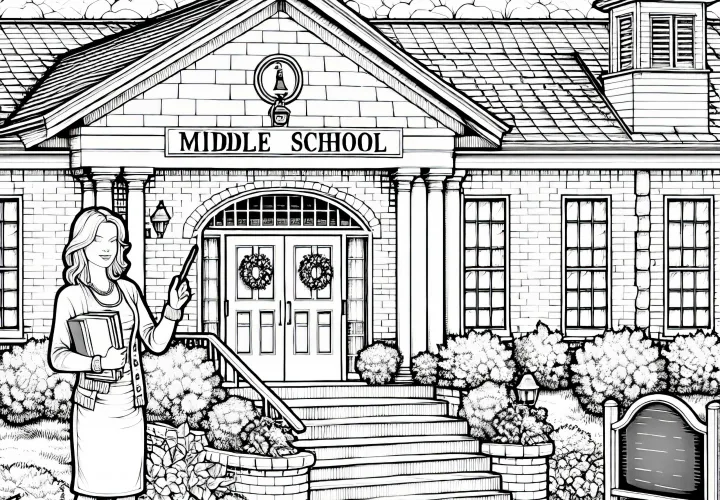 Dibujo para colorear de una escuela secundaria con maestra - Plantilla detallada para descargar