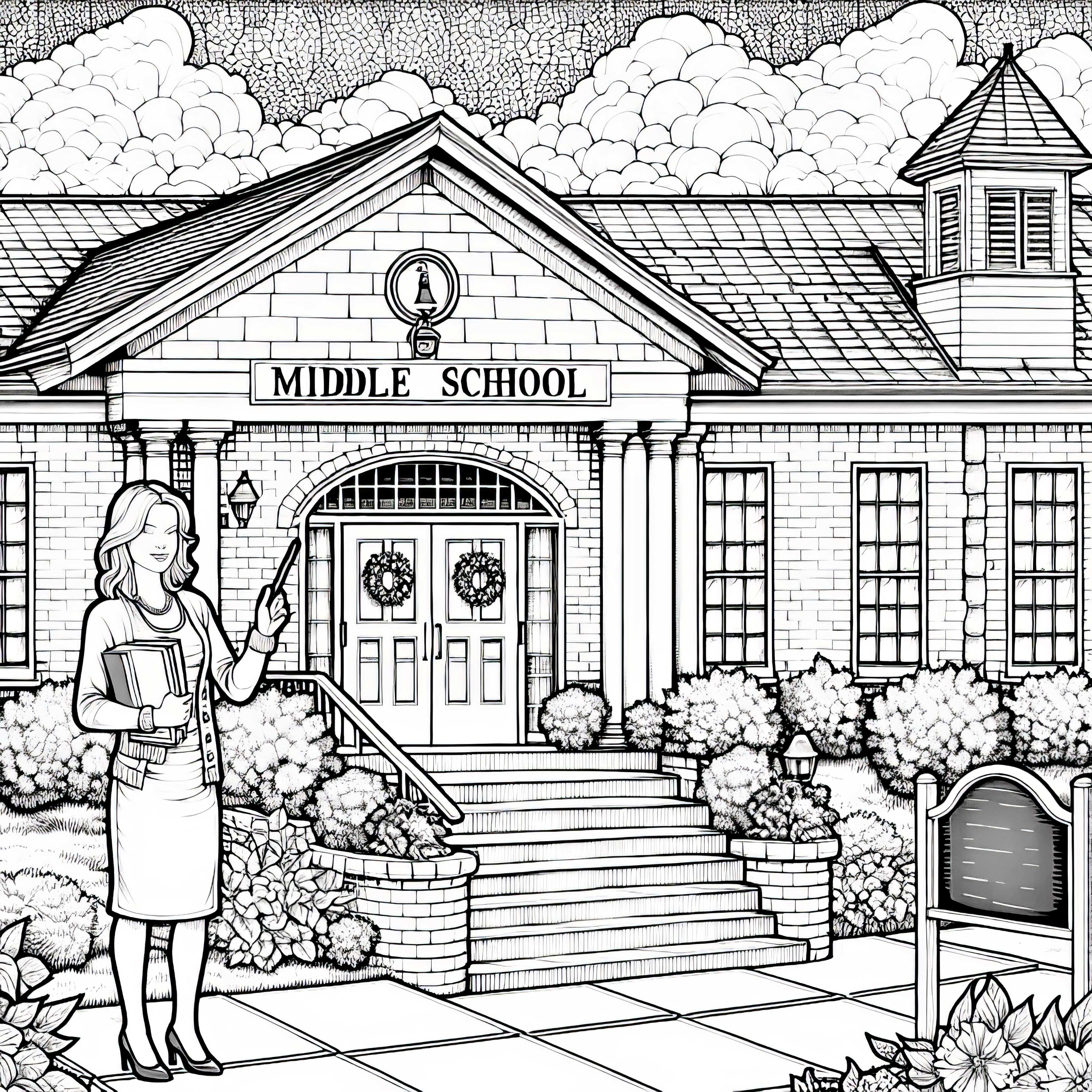 Dibujo para colorear de una escuela secundaria con maestra - Plantilla para colorear detallada para descargar