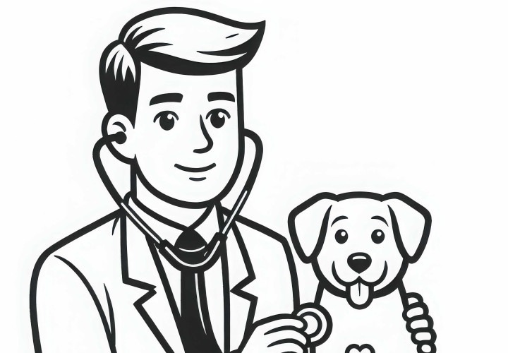 Veterinario examinando a un perro con estetoscopio - Plantilla para colorear fácil gratis