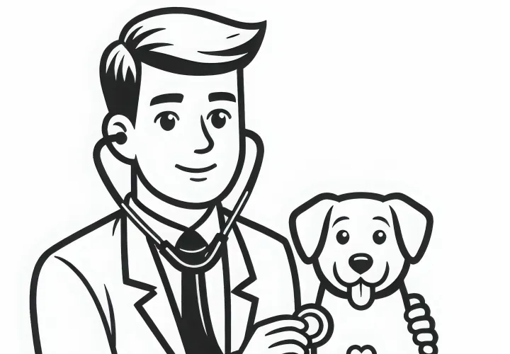 Veterinario examinando a un perro con estetoscopio - Plantilla para colorear fácil gratis