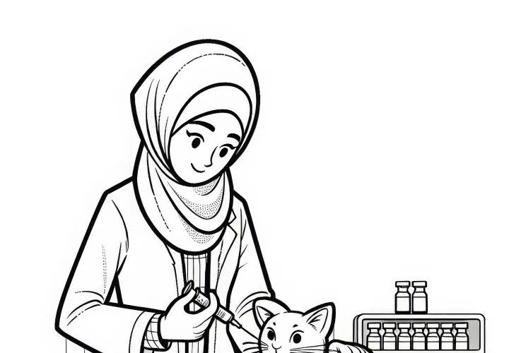 Veterinaria vacuna a un gato - Dibujo para colorear sencillo y gratuito