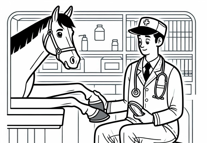 Veterinario en clínica equina durante el examen de un casco - Plantilla para colorear sencilla gratis