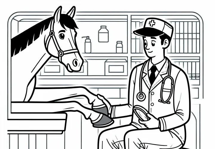 Veterinario en clínica equina durante el examen de un casco - Plantilla para colorear sencilla gratis