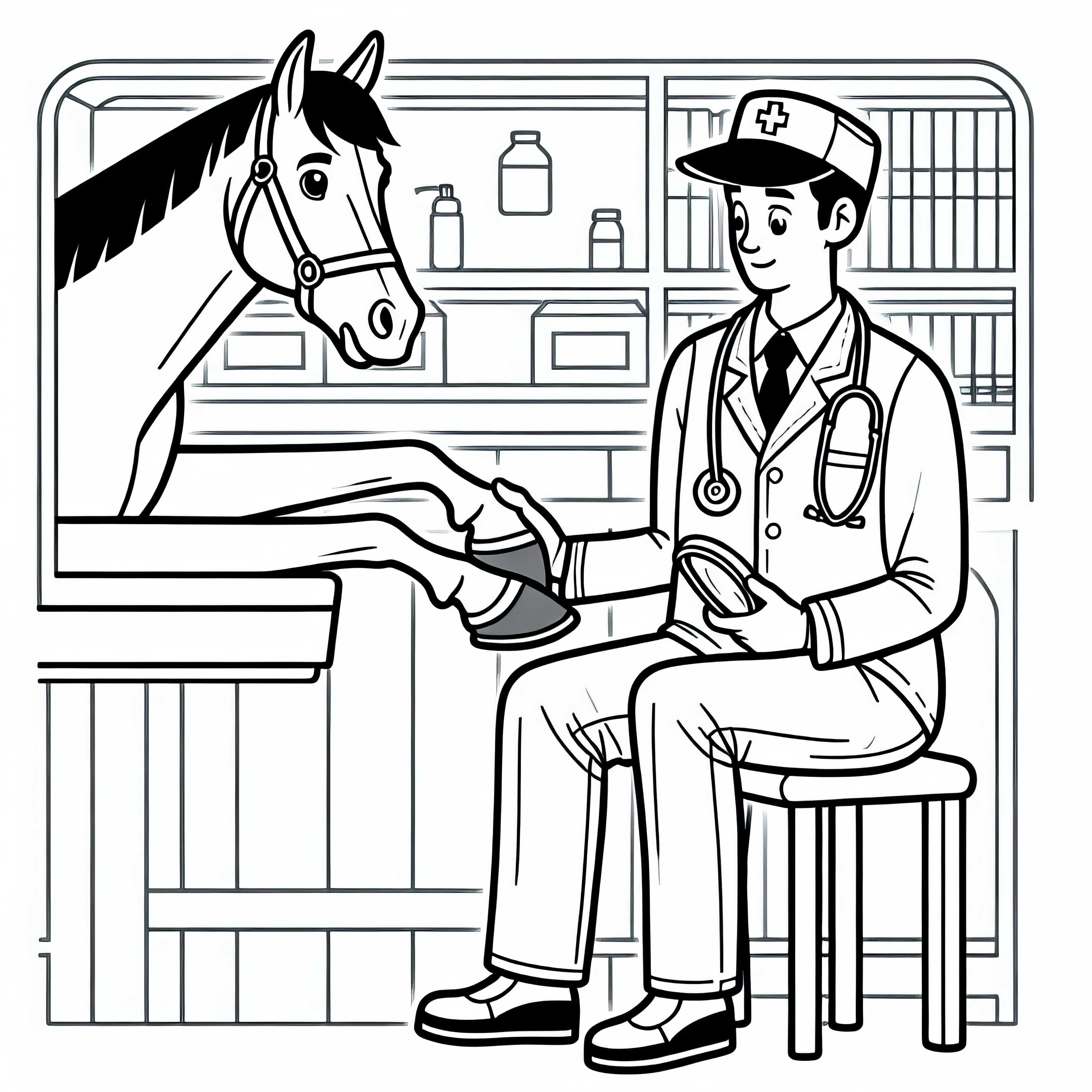 Veterinario en clínica equina durante la revisión de un casco - plantilla para colorear simple gratis