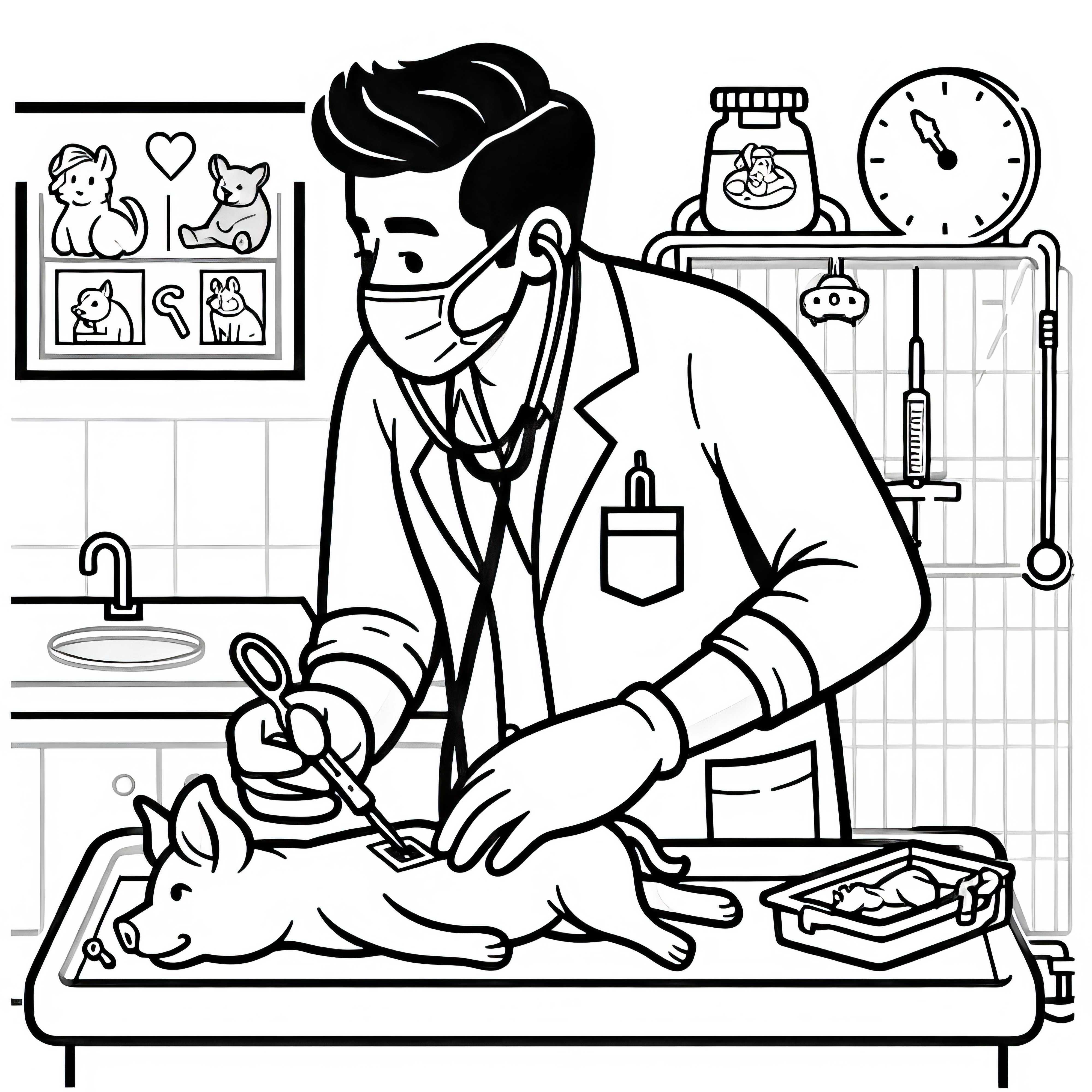 Veterinario opera a un animal en la sala de tratamiento - Dibujo para colorear fácil y gratuito
