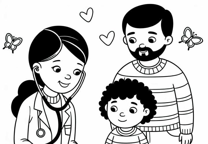 La veterinaria explica a la familia el tratamiento de su mascota - Plantilla de colorear simple y gratuita