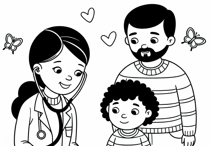 La veterinaria explica a la familia el tratamiento de su mascota - Plantilla de colorear simple y gratuita