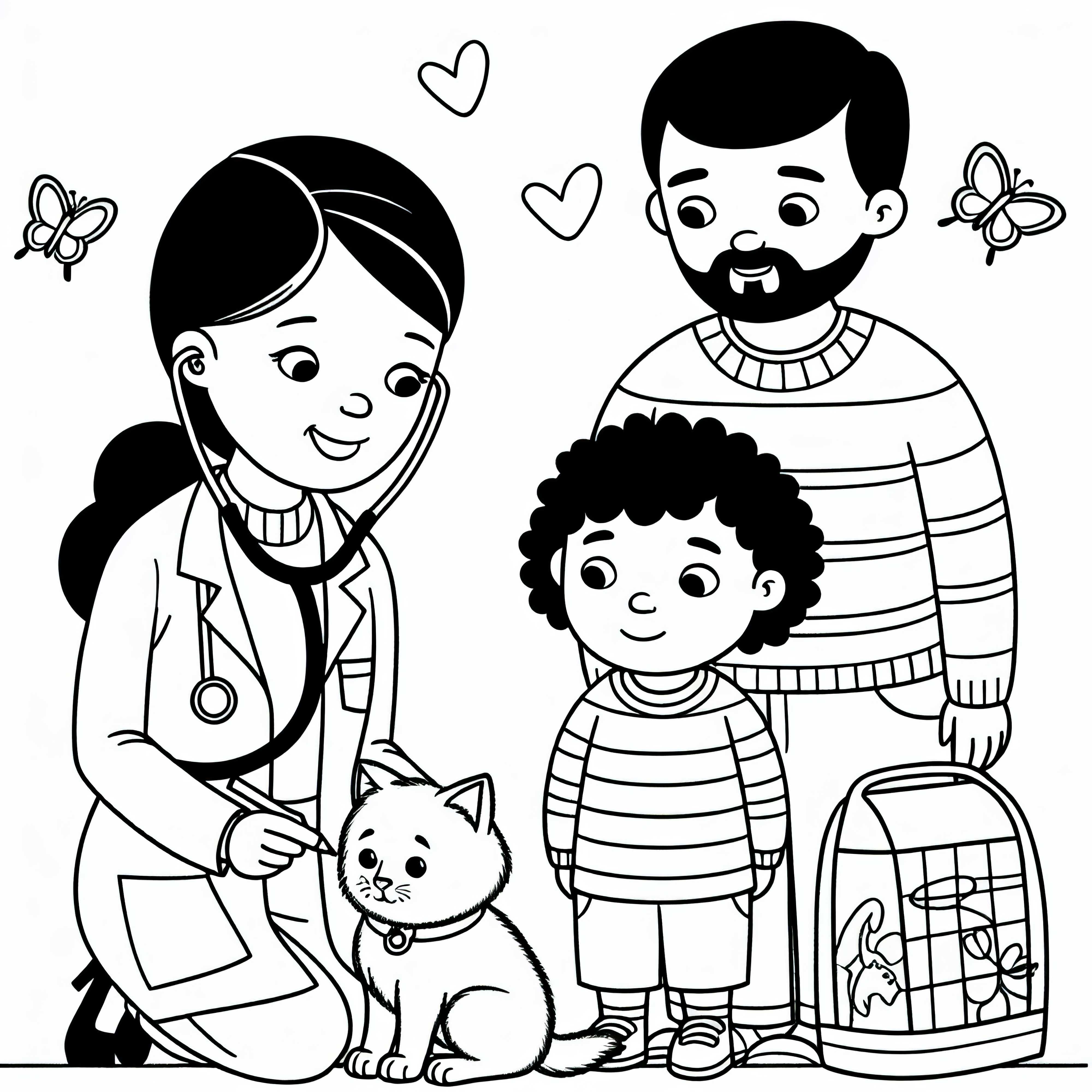 Veterinaria explica a la familia el tratamiento de su mascota - Plantilla para colorear fácil y gratuita