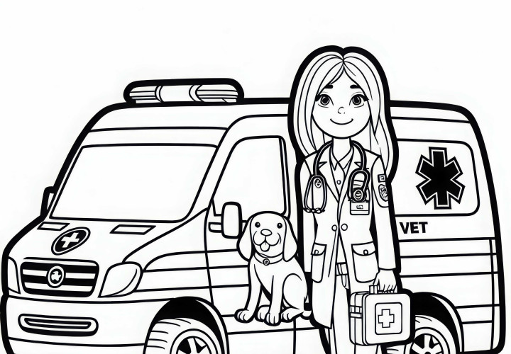 Veterinaria con vehículo de emergencia plantilla para colorear sencilla gratuita