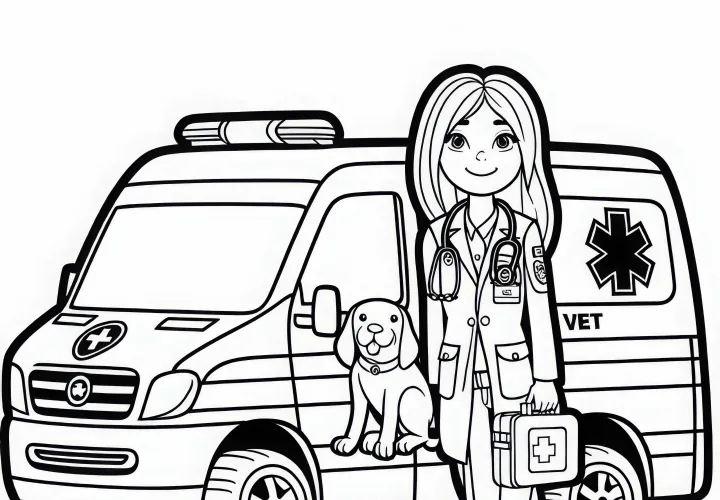 Veterinaria con vehículo de emergencia plantilla para colorear sencilla gratuita