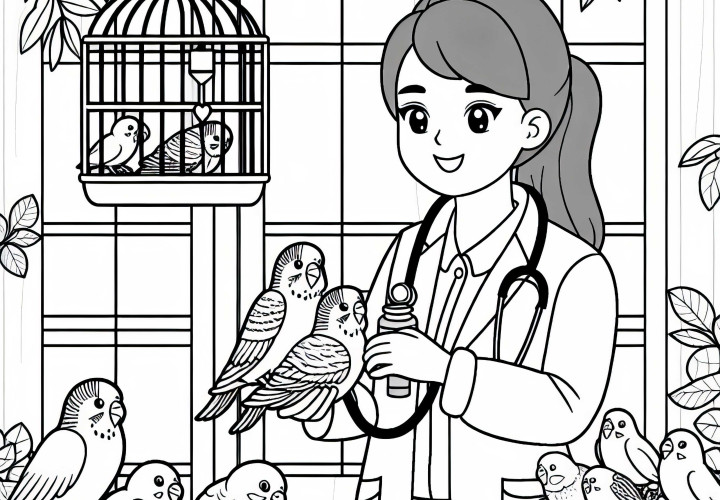 Veterinaria en el tratamiento de aves en la clínica de aves - plantilla para colorear simple y gratuita