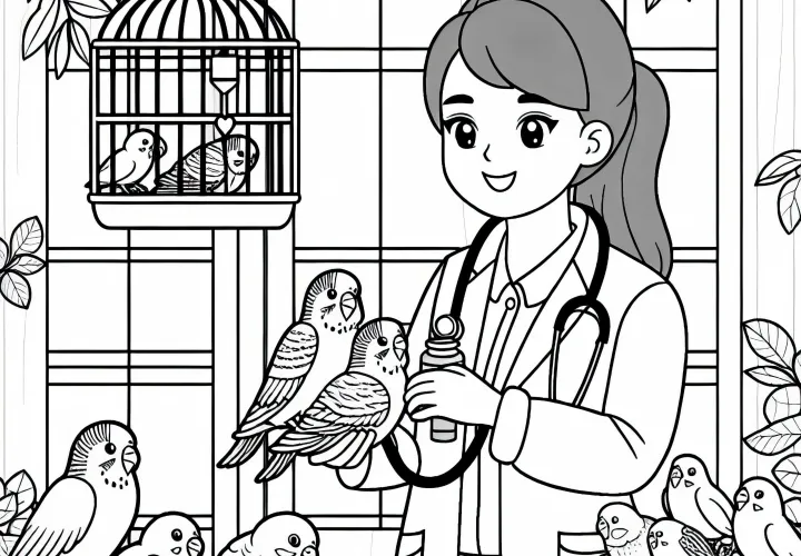Veterinaria en el tratamiento de aves en la clínica de aves - plantilla para colorear simple y gratuita