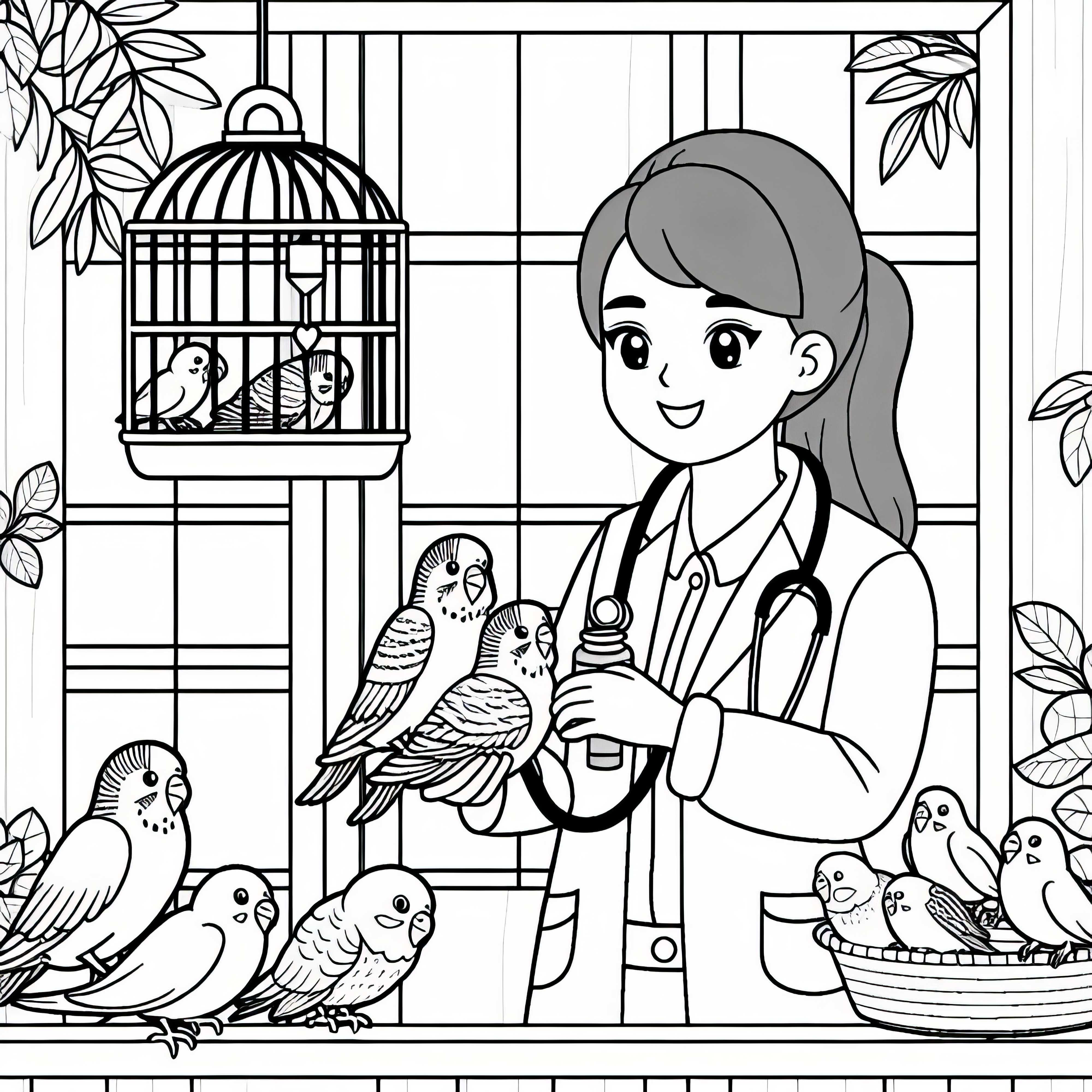Veterinaria en el tratamiento de aves en la clínica aviar – Plantilla para colorear fácil y gratuita