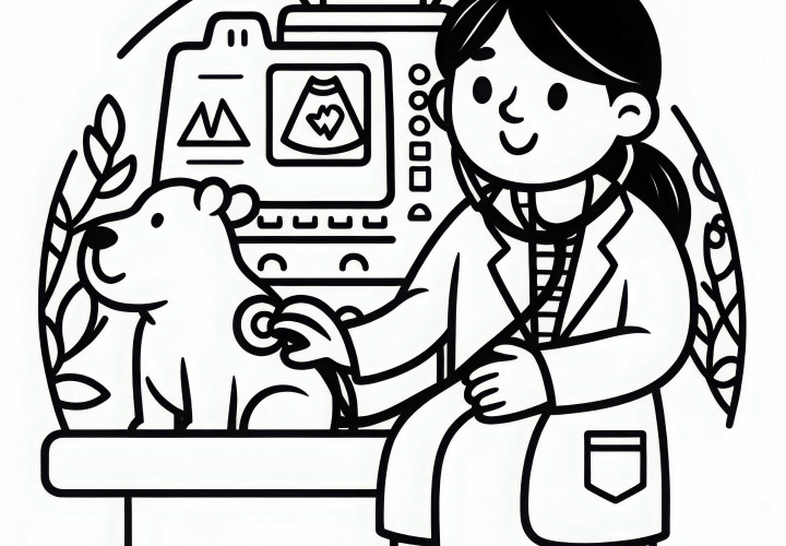 Veterinaria examinando a un animal - Dibujo para colorear sencillo y gratuito