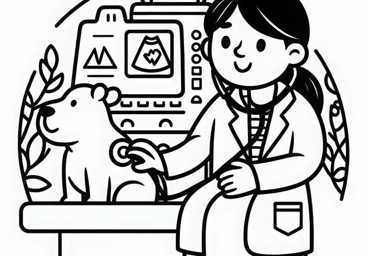 Veterinaria examinando a un animal - Dibujo para colorear sencillo y gratuito