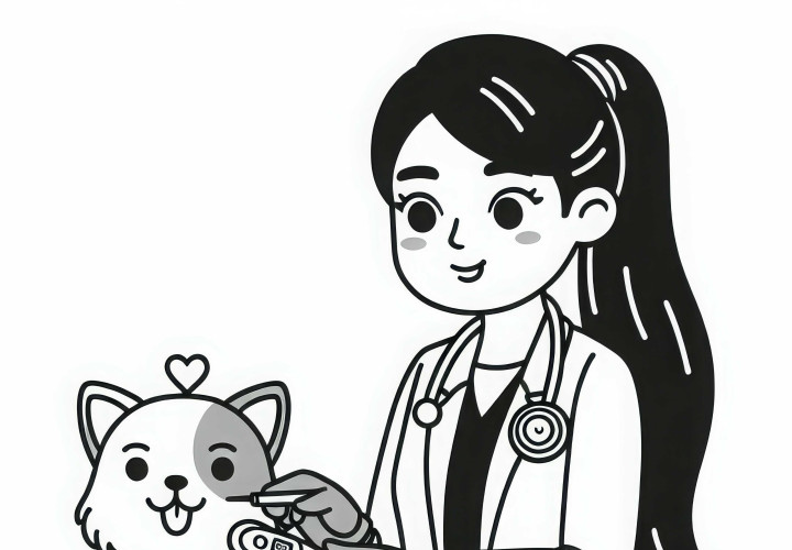 Veterinaria mide la temperatura de un animal – Dibujo para colorear fácil y gratis