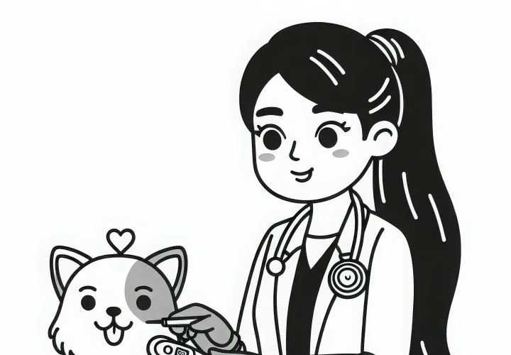 Veterinaria mide la temperatura de un animal – Dibujo para colorear fácil y gratis