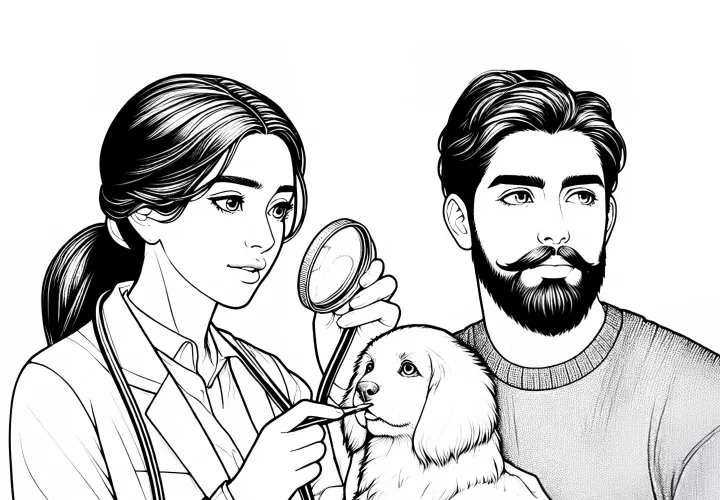 Veterinaria examinando a un perro - plantilla para colorear detallada y gratuita