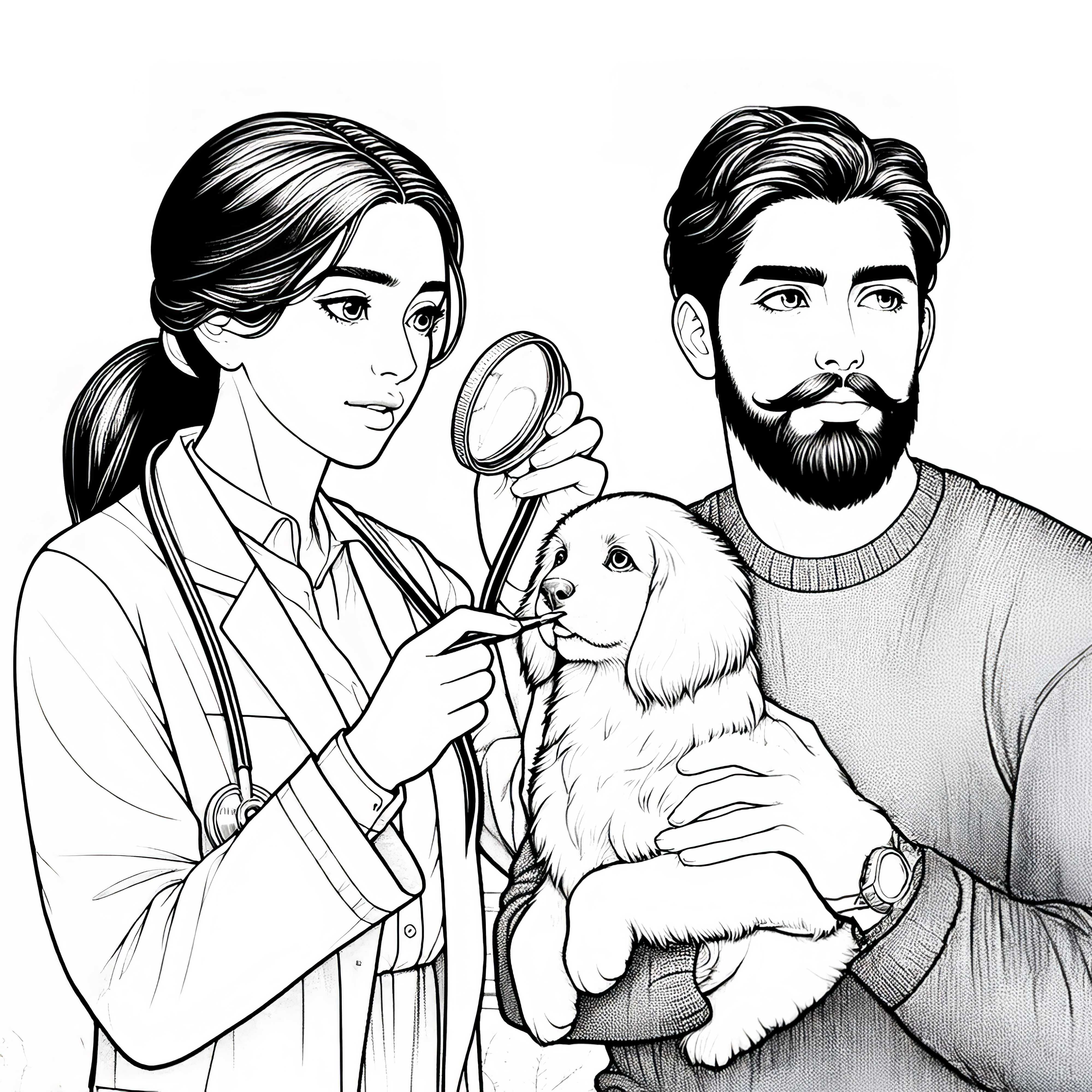 Veterinaria examinando a un perro - Plantilla para colorear detallada y gratuita