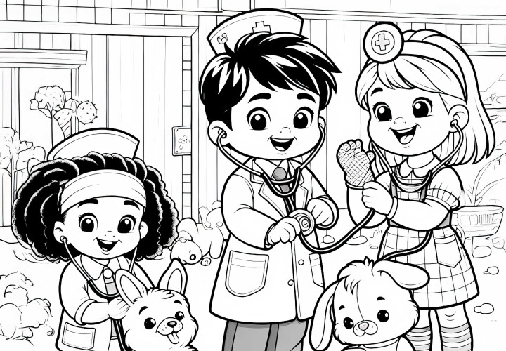Niños que se disfrazan de veterinarios - Plantilla de dibujo fácil y gratuita