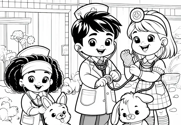 Niños que se disfrazan de veterinarios - Plantilla de dibujo fácil y gratuita