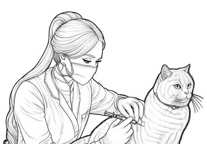 Veterinaria vacuna a gato en mesa de examen - plantilla para colorear detallada gratuita