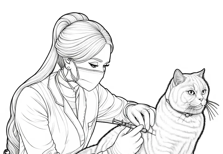 Veterinaria vacuna a gato en mesa de examen - plantilla para colorear detallada gratuita