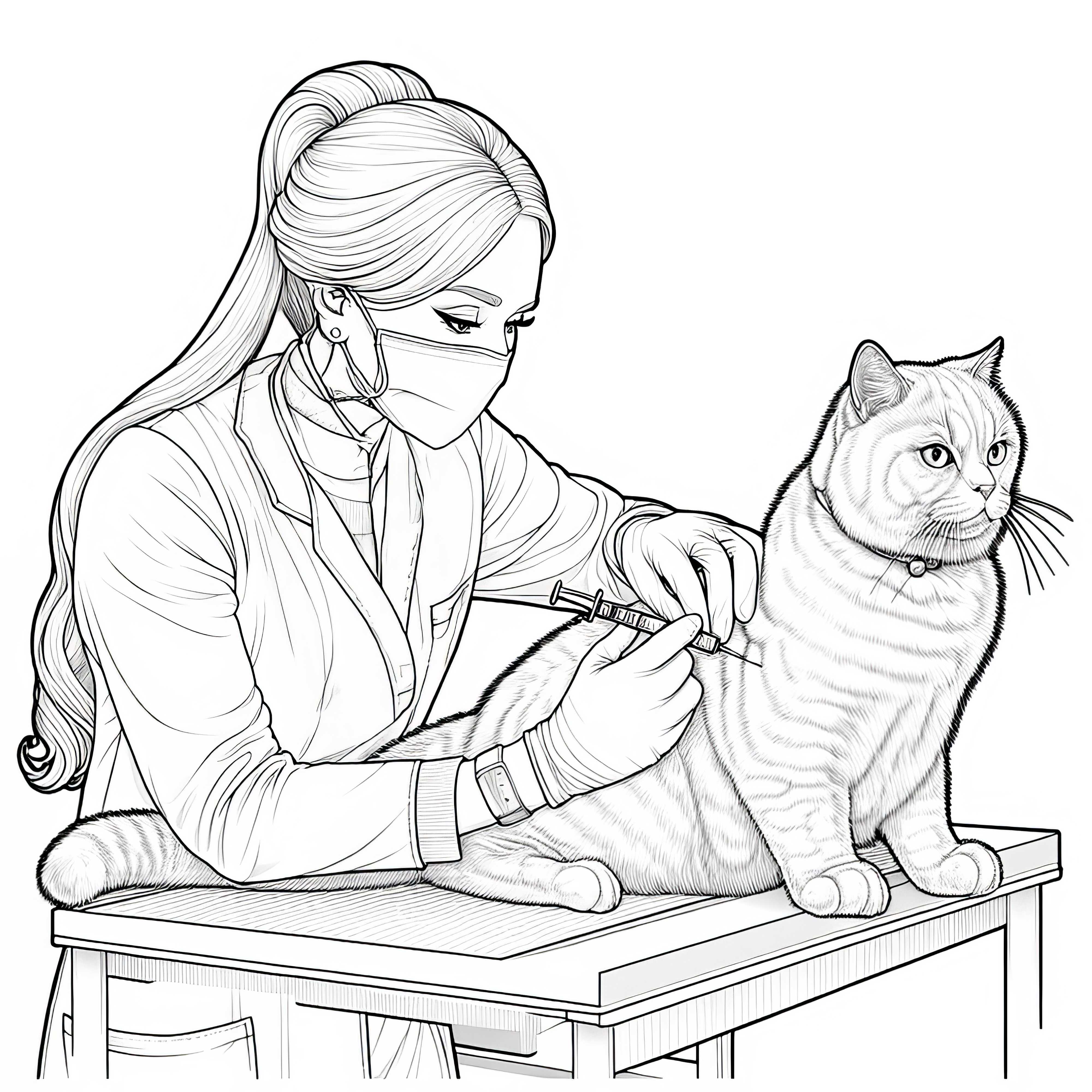 Veterinaria vacuna a gato en mesa de examen - plantilla para colorear detallada y gratuita