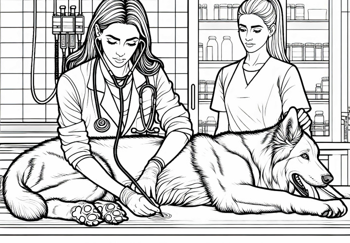 Veterinaria opera a un perro en la sala de tratamiento - Plantilla para colorear detallada gratuita